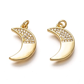 Brass Micro Pave Clear Cubic Zirconia Pendants, Long-Lasting Plated, with Jump Rings, Moon
