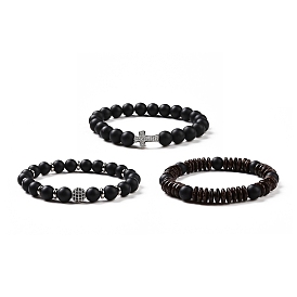 3Pcs Natural Black Agate(Dyed) and Coconut Beads Stretch Bracelets Set, Brass Micro Pave Cubic Zirconia Jewelry for Women Men