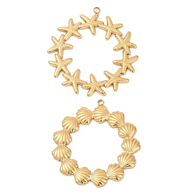 304 подвески из нержавеющей стали, ионное покрытие (ip), кольцо с подвеской в виде морской звезды/ракушки, реальный 18 k позолоченный