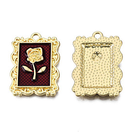 Alloy Pendants, with Enamel, Rectangle with Rose Flower, Golden