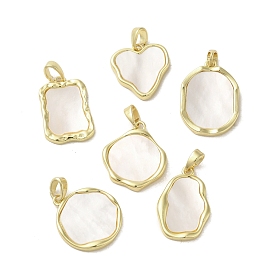 Brass Pave Shell Pendants, Flat Round/Nuggets/Rectangle/Polygon/Heart Charms, Real 18K Gold Plated