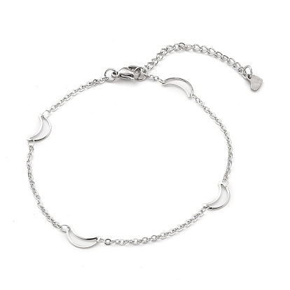 304 Stainless Steel Cable Chain Anklets, with Moon Links and Lobster Claw Clasps