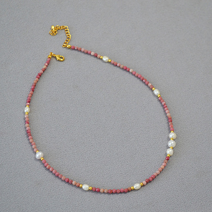French Rose Quartz Beaded Necklace - Sweet, Elegant, Delicate, Freshwater Pearl, Versatile.
