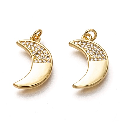 Brass Micro Pave Clear Cubic Zirconia Pendants, Long-Lasting Plated, with Jump Rings, Moon