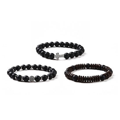 3Pcs Natural Dyed & Heated Black Agate and Coconut Beads Stretch Bracelets Set, Brass Micro Pave Cubic Zirconia Jewelry for Women Men