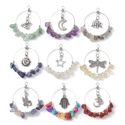 Copper Wire Wrapped Gemstone Chip Pendants, with Alloy Charm, Mixed Shapes