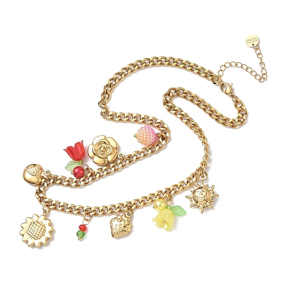 304 Женские ожерелья с подвесками в виде подсолнуха и клубники из нержавеющей стали и акрила, красочный