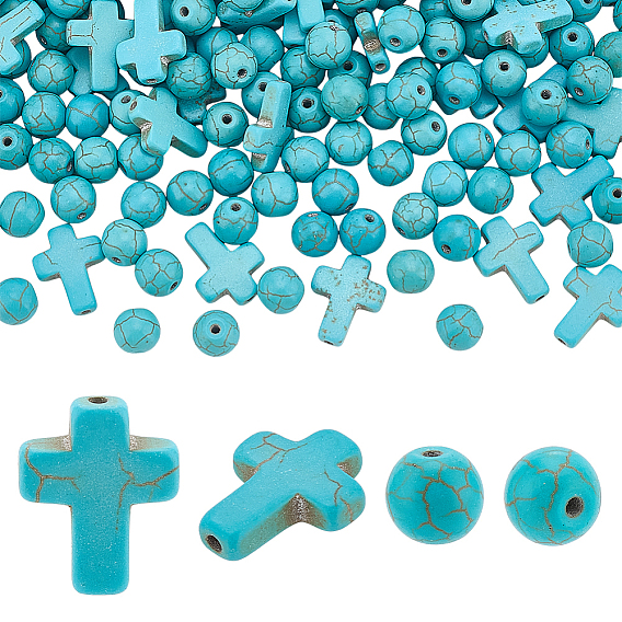 280 шт. 2 стили окрашенные синтетические бирюзовые бусины, круглый и крест