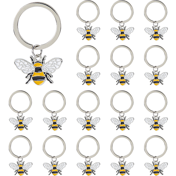 20Pcs Alloy Enamel Bees Keychain, with Iron Key Rings, Black and Yellow
