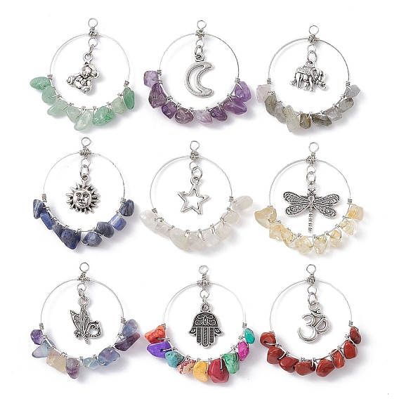 Copper Wire Wrapped Gemstone Chip Pendants, with Alloy Charm, Mixed Shapes
