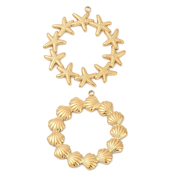 304 подвески из нержавеющей стали, ионное покрытие (ip), кольцо с подвеской в виде морской звезды/ракушки, реальный 18 k позолоченный