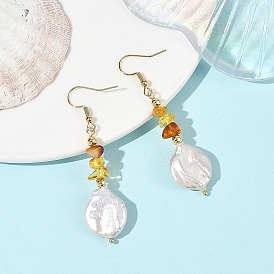 Gemstone Chip & Natural Keshi Pearl Dangle Earrings, Flat Round, Golden