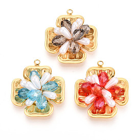 304 подвески из нержавеющей стали, цветок, со стеклом и АБС-пластиком, имитация жемчуга, реальный 18 k позолоченный, ионное покрытие (ip), граненые