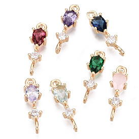 Brass Micro Pave Cubic Zirconia Links Connectors, with Glass, Long-Lasting Plated, Light Gold, Teardrop