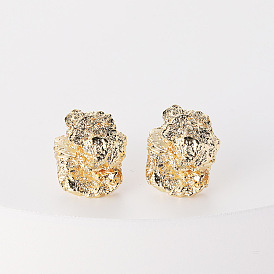 Gold-Plated Brass Irregular Metal Stud Earrings with Textured Fold Design for Women