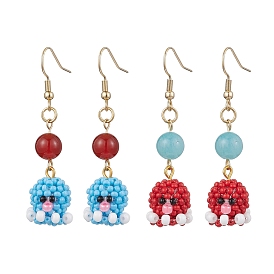 Handmade Glass Seed Beads Octopus Dangle Earrings, with Gemstone Beads, Golden