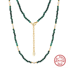 Natural Freshwater Pearl & 925 Sterling Silver Beaded Necklaces for Women, Round Natural Malachite Beaded Necklaces