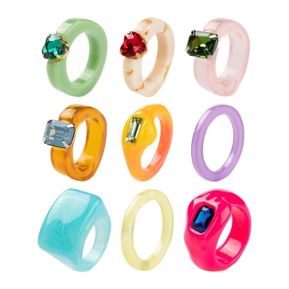 9 piezas 9 anillos de dedo de resina de estilo, rectángulo y corazón