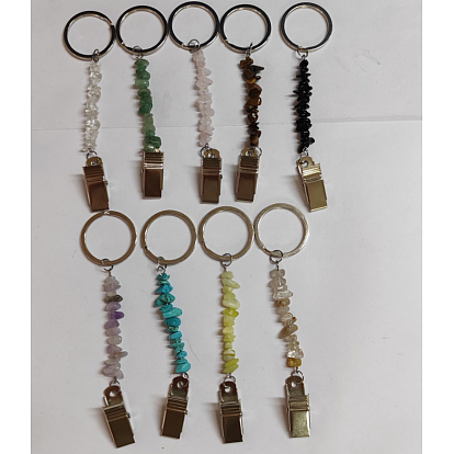 Clips largos de chips de piedras preciosas naturales, con llaveros divididos de aleación y clips de identificación de hierro
