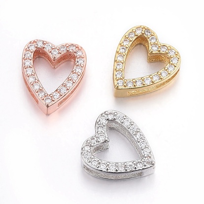 Brass Micro Pave Cubic Zirconia Slide Charms, Long-Lasting Plated, Cadmium Free & Nickel Free & Lead Free, Heart
