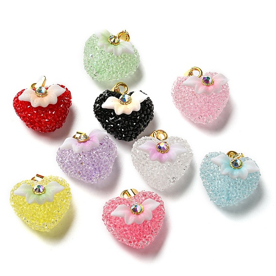 Druzy Resin Pendants, Heart Charms with Rhinestone and Rack Plating Golden Tone Brass Snap on Bails, Long-Lasting Plated, Cadmium Free & Lead Free