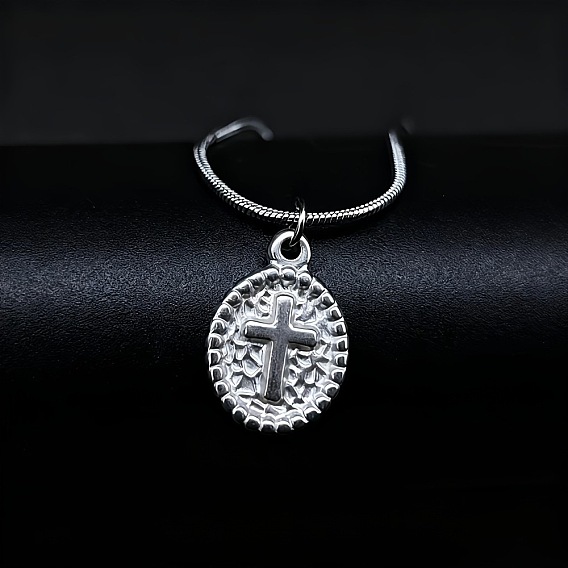 304 Stainless Steel Oval with Cross Pendant Necklaces for Men