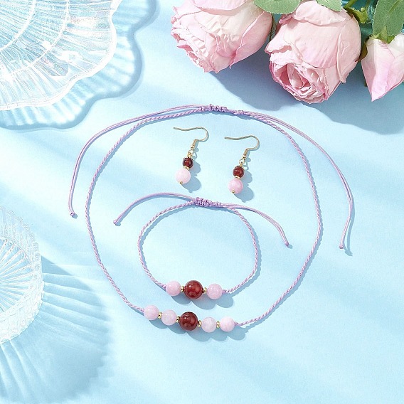 Комплект из круглых бусин из натурального кварца и сердолика, ожерелья, браслета и сережек-подвесок, с нейлоновой нитью, латунные бусины и 304 серьги из нержавеющей стали.