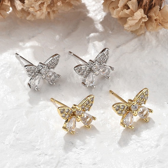 Серьги-гвоздики из латунного микро-паве, без свинца и без кадмия, долговечный, стойки покрытие, бабочка