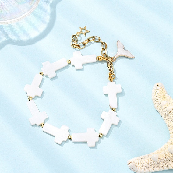 Браслеты из ракушечного жемчуга для женщин, крестик, с сплава эмали прелести
