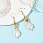 Gemstone Chip & Natural Keshi Pearl Dangle Earrings, Flat Round, Golden