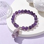 Natural Mixed Gemstone Round Beaded Stretch Bracelets, with Rough Raw Nugget Charms