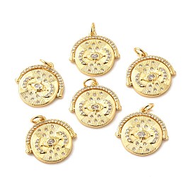 Brass Micro Pave Clear Cubic Zirconia Pendants, Long-Lasting Plated, Flat Round with Moon