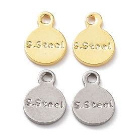 201 Stainless Steel Charms, Flat Round with Word S.Steel Charm