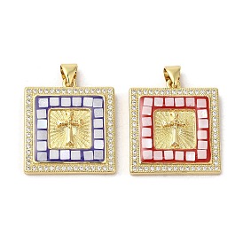 Square with Cross Brass Micro Pave Cubic Zirconia Pendants, with Enamel & Shell, Long-Lasting Plated, Lead Free & Cadmium Free, Real 18K Gold Plated