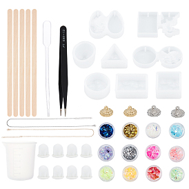 DIY Pendant Making, with Silicone Molds, Disposable Latex Finger Cots and Plastic Transfer Pipettes, Measuring Cup, Brass Pendant Bails, Tweezers, Ice Cream Sticks and Nail Art Sequins/Paillette