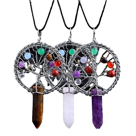 Natural Gemstone Chakra Tree of Life Big Pendants, Pointed Faceted Bullet Charms with Alloy Rings, Platinum