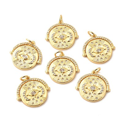 Brass Micro Pave Clear Cubic Zirconia Pendants, Long-Lasting Plated, Flat Round with Moon