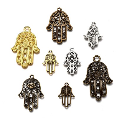 Tibetan Style Alloy Pendants, Hamsa Hand/Hand of Fatima/Hand of Miriam, 18~57x8.5~35x2~5mm, Hole: 2~4mm