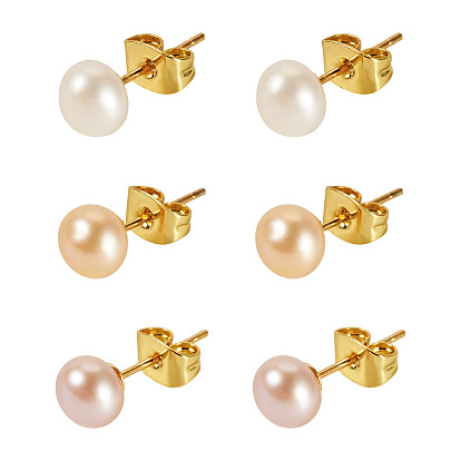 6 шт. 3 серьги-гвоздики из натурального культивированного пресноводного жемчуга разных цветов, с 925 фурнитурой для сережек-гвоздиков из стерлингового серебра и латунными фрикционными гайками, круглые, реальный 18 k позолоченный