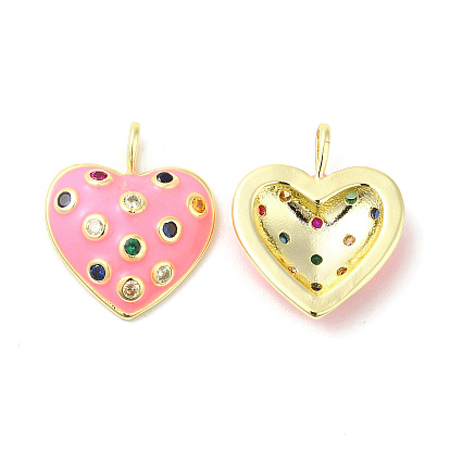 Real 16K Gold Plated Brass Micro Pave Colorful Cubic Zirconia Pendants, with Enamel, Heart Charms
