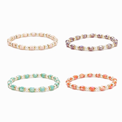 Glass Pearl & Column Beaded Stretch Bracelet for Women
