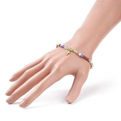 Millefiori Glass Beaded Stretch Bracelet with 304 Stainless Steel Cross Charm for Women