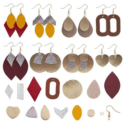 Kits de fabricación de pendientes colgantes de bricolaje, Incluyendo piel de vacuno ecológica y piel sintética, Pendientes de latón con ganchos y anillas de hierro.