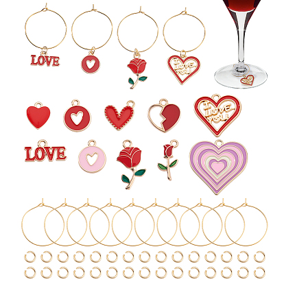 Набор для самостоятельного изготовления подвесок для бокалов ко Дню святого Валентина, в том числе латунные кольца с подвесками для бокалов, 304 из нержавеющей стали открыты кольца прыжок, Подвески из эмали и сплава