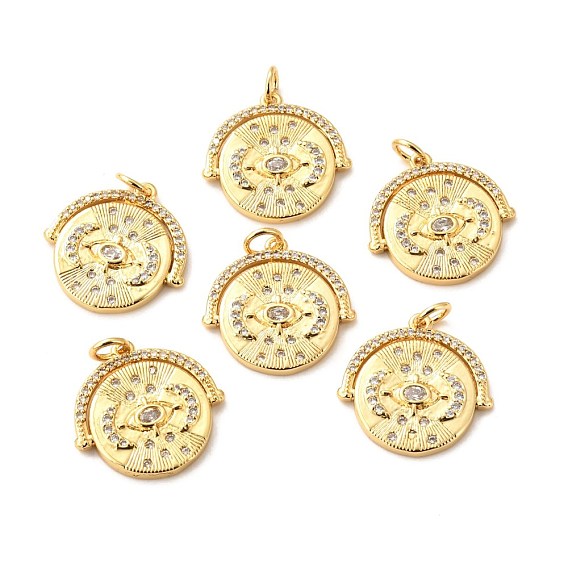 Brass Micro Pave Clear Cubic Zirconia Pendants, Long-Lasting Plated, Flat Round with Moon