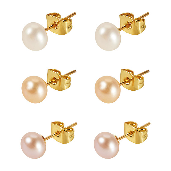 6 шт. 3 серьги-гвоздики из натурального культивированного пресноводного жемчуга разных цветов, с 925 фурнитурой для сережек-гвоздиков из стерлингового серебра и латунными фрикционными гайками, круглые, реальный 18 k позолоченный
