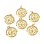 Brass Micro Pave Clear Cubic Zirconia Pendants, Long-Lasting Plated, Flat Round with Moon