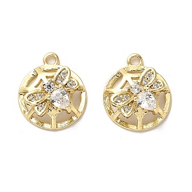 Brass Micro Pave Cubic Zirconia Pendants, Long-Lasting Plated, Half Round with Butterfly