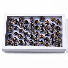 Natural Tiger Eye Rings, with Alloy Findings, Mixed Size, Mixed Shape, Antique Silver