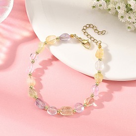 Natural Multi Color Quartz & Brass Nuggets Beaded Bracelets, Colorful, Mixed Dyed and Undyed